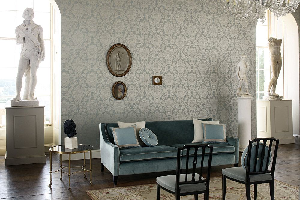 Обои Zoffany Classic Damask Crivelli Teal CDW02013 фото в интерьере